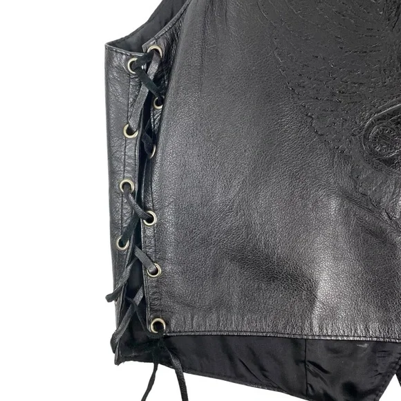 Vtg Le Cuir Niko Leather Biker Vest Black Size L, Eagle Embrossed Braided Detail - Picture 10 of 14